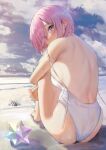  1girl bare_back barefoot beach blue_sky blush breasts cloud commentary_request eyebrows_visible_through_hair eyes_visible_through_hair fate/grand_order fate_(series) from_behind highres looking_at_viewer looking_back mash_kyrielight medium_breasts ocean one-piece_swimsuit outdoors pink_hair purple_eyes saint_quartz sand short_hair sideboob sitting sky solar_(happymonk) solo swimsuit wet white_swimsuit 