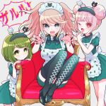  3girls :d alternate_costume alternate_hair_length alternate_hairstyle animal_print apron bangs black_nails blonde_hair breasts cat_print child commentary_request danganronpa:_trigger_happy_havoc danganronpa_(series) danganronpa_another_episode:_ultra_despair_girls double_bun dress enoshima_junko eyebrows_visible_through_hair fang fangs fingernails green_dress green_eyes green_footwear green_hair green_legwear grey_background hair_ornament hand_up hands_up keroro7 knees_up large_breasts long_fingernails long_hair looking_at_viewer maid maid_apron maid_headdress monokuma multiple_girls nail_polish one_eye_closed open_mouth pink_hair red_eyes red_nails shiny shiny_hair short_hair simple_background smile thighhighs towa_monaka translation_request utsugi_kotoko v-shaped_eyebrows white_apron 