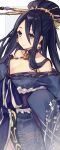  1225ka 1girl bare_shoulders blue_eyes blue_hair blue_kimono border breasts cleavage closed_mouth earrings hair_between_eyes hair_ornament highres japanese_clothes jewelry kaguya_(sinoalice) kimono long_hair long_sleeves looking_at_viewer sinoalice smile solo white_background 