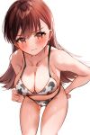  1girl animal_print bent_over bikini blush breasts brown_eyes brown_hair cleavage collarbone commentary_request cow_print cowboy_shot highres kantai_collection large_breasts long_hair looking_at_viewer nanahamu ooi_(kancolle) simple_background solo standing swimsuit white_background white_bikini 