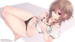  1girl barefoot bikini breasts brown_hair cleavage closed_mouth eyebrows_visible_through_hair fanbox_username hair_between_eyes jjune legs looking_at_viewer medium_breasts original patreon_username red_eyes smile solo swimsuit 