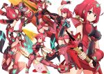  1girl absurdres aegis_sword_(xenoblade) asyura_kumo bangs black_gloves breasts chest_jewel earrings fingerless_gloves gem gloves headpiece highres huge_filesize jewelry kirby kirby_(series) large_breasts multiple_views pyra_(xenoblade) red_eyes red_hair red_legwear red_shorts short_hair short_shorts shorts super_smash_bros. swept_bangs sword thighhighs tiara weapon xenoblade_chronicles_(series) xenoblade_chronicles_2 