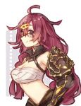  1225ka 1girl antenna_hair armpits braid breasts cleavage closed_mouth dorothy_(sinoalice) gauntlets glasses hair_ornament hairpin long_hair looking_at_viewer navel purple_eyes purple_hair sarashi simple_background single_gauntlet sinoalice smile twin_braids white_background 