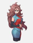  1girl android_21 blue_eyes breasts brown_hair checkered checkered_dress dragon_ball dragon_ball_fighterz dress grey_background hat kemachiku long_hair looking_at_viewer medium_breasts pantyhose simple_background smile solo 