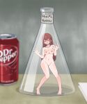  1girl absurdres against_glass blue_eyes blurry blurry_background blush bottle breast_press breasts breasts_on_glass brown_hair can character_name chavez commentary commission completely_nude dr_pepper english_commentary english_text flask full_body highres in_bottle in_container looking_at_viewer makise_kurisu medium_breasts minigirl nipples nude open_mouth solo standing steins;gate 
