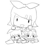  3girls arm_support arm_warmers bare_shoulders bow character_doll commentary goggles goggles_on_head greyscale gumi hair_bow hair_ornament hairclip hand_on_another&#039;s_head hand_on_own_cheek hand_on_own_face kagamine_rin looking_at_viewer looking_to_the_side lying monochrome multiple_girls nervous_smile on_person on_stomach open_mouth oversized_clothes sanpati_(style) short_hair sketch smile solid_oval_eyes symbol-only_commentary vocaloid white_background wounds404 