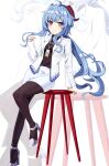 1girl absurdres ahoge alternate_costume arm_support bangs bar_stool black_legwear blue_hair commentary_request contemporary eyebrows_visible_through_hair full_body ganyu_(genshin_impact) genshin_impact h2so4-c hair_between_eyes high_heels highres horns id_card long_hair long_sleeves looking_at_viewer office_lady pencil_skirt red_eyes sidelocks simple_background sitting skirt smile solo stool uniform zoom_layer 