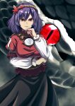  1girl bangs black_skirt highres layered_sleeves long_skirt long_sleeves mirror murasaki_tsutsuji puffy_short_sleeves puffy_sleeves purple_hair red_eyes red_shirt shide shirt short_hair short_over_long_sleeves short_sleeves skirt slit_pupils snake touhou yasaka_kanako 