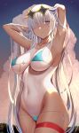  1girl anastasia_(fate) armpits arms_behind_head arms_up bangs bare_shoulders bikini blue_bikini blue_eyes blue_sky blush breasts cleavage collarbone eyewear_on_head fate/grand_order fate_(series) gradient_sky hair_over_one_eye hairband large_breasts long_hair looking_at_viewer one-piece_tan orange_sky silver_hair sky solo sunglasses swimsuit tan tanlines thigh_strap thighs twilight very_long_hair wet zukky 