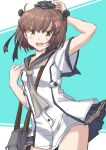  1girl adapted_costume alternate_sleeve_length anchor_symbol black_sailor_collar brown_eyes brown_hair cherry_blossoms commentary_request cowboy_shot dress flower fuji_(pixiv24804665) grey_neckwear hair_flower hair_ornament headset highres kantai_collection looking_at_viewer neckerchief open_mouth remodel_(kantai_collection) round_teeth sailor_collar sailor_dress short_hair short_sleeves solo speaking_tube_headset teeth upper_teeth yukikaze_(kancolle) 