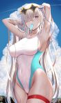  1girl anastasia_(fate) armpits arms_behind_head arms_up bangs bare_shoulders blue_eyes blue_sky blue_swimsuit blush breasts cleavage collarbone covered_navel eyewear_on_head fate/grand_order fate_(series) hair_over_one_eye hairband highleg highleg_swimsuit large_breasts long_hair looking_at_viewer one-piece_swimsuit silver_hair sky solo sunglasses swimsuit thigh_strap thighs two-tone_swimsuit very_long_hair wet white_swimsuit zukky 
