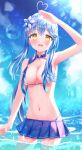  1girl absurdres anzu_yotsuba arm_up bikini bikini_skirt blue_hair blue_sky blush breasts cleavage flower hair_flower hair_ornament hand_up heart_hair highres hololive sky swimsuit virtual_youtuber water yellow_eyes yukihana_lamy 