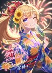  1girl aerial_fireworks bangs blonde_hair blue_eyes blue_kimono blush bow commentary_request dated eyebrows_visible_through_hair fireworks floral_print flower grin hair_between_eyes hair_bow hair_flower hair_ornament hand_fan happy_birthday highres holding holding_fan japanese_clothes kimono long_hair long_sleeves looking_at_viewer morikura_en obi one_eye_closed original paper_fan pinching_sleeves ponytail print_kimono red_bow sash sleeves_past_wrists smile solo uchiwa very_long_hair wide_sleeves yellow_flower 
