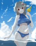  1girl beach bikini blue_bikini blue_sky breasts cloud cloudy_sky collarbone cup day drink drinking_straw eyebrows_visible_through_hair frilled_bikini_bottom grey_hair hair_between_eyes hair_ornament holding holding_cup horizon jingei_(kancolle) kantai_collection large_breasts long_sleeves navel neve ocean official_alternate_costume outdoors partially_submerged red_eyes see-through sky solo swimsuit turtleneck wading water whale_hair_ornament 