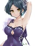  1girl absurdres arm_up armpits bare_shoulders black_hair breasts cleavage collarbone commentary_request dress earrings hayami_kanade highres idolmaster idolmaster_cinderella_girls jewelry large_breasts looking_at_viewer paopao purple_dress short_hair solo tiara tilted_headwear upper_body white_background yellow_eyes 