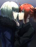  2girls ahoge eye_contact eyebrows_visible_through_hair face-to-face fate/grand_order fate_(series) fujimaru_ritsuka_(female) fur-trimmed_jacket fur_trim gradient gradient_background hand_on_another&#039;s_chin jacket jeanne_d&#039;arc_(alter)_(fate) jeanne_d&#039;arc_(fate)_(all) looking_at_another multiple_girls necktie orange_hair ponytail silver_hair somechime_(sometime1209) suit_jacket yellow_eyes yuri 