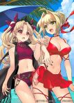  2girls ahoge alternate_costume bangs beach_umbrella belly_chain black_nails blonde_hair blue_sky blush breasts cleavage earrings ereshkigal_(fate) eyebrows_visible_through_hair fang fate/grand_order fate_(series) green_eyes hair_intakes hoop_earrings infinity ito_noizi jewelry large_breasts locked_arms long_hair looking_at_another looking_back medium_breasts multiple_girls nail_polish navel nero_claudius_(fate) nero_claudius_(fate/extra) ocean official_art open_mouth outdoors palm_tree parted_bangs red_eyes sarong skin_fang sky smile tiara tree two_side_up umbrella very_long_hair vest 