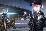  3girls assault_rifle baseball_cap grey_hair gun hat holding holding_gun holding_weapon hood korean_text kws long_hair military multiple_girls original pink_hair rifle roadblock short_hair silver_hair south_korea submachine_gun tactical_clothes translation_request weapon 