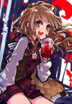  1girl :d absurdres blonde_hair drinking_straw highres holding hood hoodie jacket juice letterman_jacket long_hair long_sleeves looking_at_viewer nanozenzen open_mouth reality_arc_(sinoalice) red_hoodie red_riding_hood_(sinoalice) sinoalice smile solo teeth wavy_hair yellow_eyes 