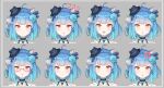  +_+ 1girl :3 :d :t ? ?? ahoge anger_vein animal_ear_fluff animal_ears animal_hat bare_shoulders black_headwear blue_flower blue_hair blue_rose blush braid brown_eyes cat_ears cat_hat catxuan closed_mouth commentary crown_braid drooling fake_animal_ears flower glasses gradient_hair grey_background hair_flower hair_ornament hairclip hat highres mini_hat mole mole_under_eye multicolored_hair multiple_views open_mouth original parted_lips portrait pout pouty_lips red-framed_eyewear rose saliva semi-rimless_eyewear smile symbol-only_commentary tilted_headwear under-rim_eyewear upper_teeth 