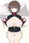  1girl bangs bikini breasts brown_eyes brown_hair emblem eyebrows_visible_through_hair girls_und_panzer huge_breasts insignia jacket kuromorimine_(emblem) looking_at_viewer nishizumi_maho pointing short_hair solo swimsuit track_jacket unzipped wata_do_chinkuru white_bikini 