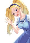  1girl absurdres blonde_hair blue_dress breasts dress emily_stewart hairband highres idolmaster idolmaster_million_live! kuro_kinkan long_hair medium_breasts open_mouth outstretched_hand purple_eyes simple_background smile solo twintails waving white_background 