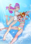  2girls :d armpits belt bikini blue_eyes day green_eyes grin laura_(precure) multiple_girls muramura_hito natsuumi_manatsu navel one-piece_swimsuit open_mouth orange_hair outdoors ponytail precure purple_hair sky smile splashing swimsuit tropical-rouge!_precure water white_swimsuit 