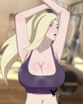  1girl absurdres agung911 armpits arms_up black_sports_bra blonde_hair boruto:_naruto_next_generations breasts cleavage exercise_machine green_eyes highres large_breasts long_hair looking_at_viewer midriff naruto_(series) navel open_mouth ponytail signature solo sports_bra steaming_body sweat turning_head yamanaka_ino 