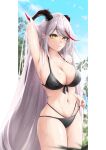  1girl absurdly_long_hair aegir_(azur_lane) alternate_costume arm_behind_head azur_lane blurry blurry_background breasts cleavage demon_horns eyebrows_visible_through_hair hair_on_horn highres horns large_breasts long_hair looking_at_viewer multi-strapped_bikini_bottom multicolored_hair pulled_by_self red_hair skindentation solo strap_pull streaked_hair string_bikini swimsuit turboflower two-tone_hair very_long_hair wet white_hair 