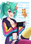  1girl :d ahoge animal_ears asymmetrical_legwear blush cat_ears closed_eyes collarbone commission fingernails flower-shaped_pupils green_eyes green_hair handheld_game_console highres hiiragi_kei holding holding_handheld_game_console hood hooded_jacket indie_virtual_youtuber jacket midriff mismatched_legwear mismatched_nail_polish nail_polish navel nintendo_switch open_clothes open_jacket open_mouth pink_legwear ponytail rosedoodle_(vtuber) simple_background sitting skeb_commission smile solo tank_top thighhighs virtual_youtuber yellow_legwear 