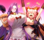  2girls animal_ear_fluff animal_ears apron bangs bare_shoulders bell blush bow breasts bustier claws cleavage collar collarbone cosplay costume_switch fate/extra fate/grand_order fate_(series) forehead fox_ears fox_girl fox_tail frills gorgon_(fate) gorgon_(fate)_(cosplay) hair_between_eyes hair_bow highres huge_breasts jingle_bell large_breasts long_hair looking_at_viewer medusa_(fate) minami_koyogi monster_girl multiple_girls naked_apron navel neck_bell nipple_slip nipples open_mouth parted_bangs pink_background pink_hair ponytail purple_eyes purple_hair red_bow scales sideboob sidelocks smile snake_hair tail tamamo_(fate) tamamo_cat_(fate) tamamo_cat_(fate)_(cosplay) very_long_hair white_apron yellow_eyes 