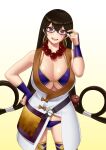  1girl adjusting_eyewear bangs bare_shoulders bead_necklace beads bikini black-framed_eyewear blush breasts bridal_gauntlets brown_hair cleavage collarbone earrings fate/grand_order fate_(series) glasses gonoike_biwa gourd gradient gradient_background hair_between_eyes hand_on_hip highres hoop_earrings japanese_clothes jewelry kimono large_breasts long_hair looking_at_viewer necklace open_mouth prayer_beads purple_bikini purple_eyes purple_legwear short_kimono sleeveless sleeveless_kimono smile solo swimsuit thighhighs thighlet white_kimono xuangzang_sanzang_(fate) yellow_background 