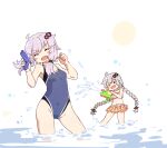  &gt;_&lt; 2girls :d ahoge bare_arms bare_shoulders bikini blue_swimsuit blush braid breasts brown_bikini closed_eyes commentary covered_navel grey_hair hair_ornament holding kizuna_akari layered_bikini long_hair low_twintails multiple_girls normaland one-piece_swimsuit open_mouth purple_hair small_breasts smile standing swimsuit twin_braids twintails very_long_hair vocaloid voiceroid water water_gun white_background xd yuzuki_yukari 