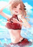  1girl :d absurdres amyu_(amm_asl_pa) arm_up asymmetrical_hair bangs bikini black_ribbon blue_sky blurry blurry_foreground blush breasts brown_eyes brown_hair cloud cloudy_sky collarbone commentary cowboy_shot day eyebrows_visible_through_hair frilled_bikini frills groin hair_bun hair_ribbon highres huge_filesize ichikawa_hinana idolmaster idolmaster_shiny_colors lace-trimmed_bikini lace_trim medium_breasts medium_hair navel ocean open_mouth outdoors parted_bangs red_bikini ribbon see-through side_ponytail sky smile solo splashing stomach swimsuit wading water_drop 