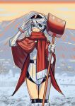  1girl bangs black_legwear blurry blurry_background blush bukimi_isan cape commentary_request cowboy_shot elbow_gloves gloves goggles goggles_on_head grey_eyes hair_between_eyes looking_at_viewer mountain outdoors red_cape red_scarf salute scarf shiny shiny_hair short_hair shy_(character) shy_(series) smile solo striped striped_scarf sweatdrop thighhighs tree white_gloves white_legwear 
