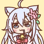  1girl :3 ahoge animal_ears bell blue_eyes blush_stickers cheat_kushushi_no_slow_life chibi drooling flower hair_flower hair_ornament long_hair neck_bell noela_(cheat_kushushi_no_slow_life) silver_hair simple_background solo tosaka112 upper_body wolf_ears wolf_girl yellow_background 