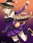  1girl bare_shoulders breasts brown_eyes candy cape dress elbow_gloves fingerless_gloves food gloves half_updo happy_halloween hat jack-o&#039;-lantern light_brown_hair lollipop medium_breasts one_eye_closed open_mouth original purple_dress purple_gloves smile solo somechime_(sometime1209) standing standing_on_one_leg twitter_username witch_hat 