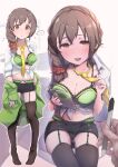  1boy 1girl absurdres ass_visible_through_thighs blush bra breast_press breasts brown_eyes brown_hair clipboard garter_belt garter_straps green_bra green_jacket green_panties hair_over_shoulder highres holding holding_clipboard holding_pen idolmaster idolmaster_cinderella_girls jacket jacket_partially_removed medium_breasts multiple_views necktie office_lady open_clothes open_mouth open_shirt panties pen pencil_skirt scrunchie senkawa_chihiro shirt sitting skirt skirt_rolled_up sleeves_rolled_up spoken_blush standing sweat teeth thighhighs tied_hair tied_shirt tongue tongue_out underwear white_shirt woshinon yellow_neckwear 