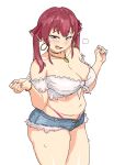  1girl bangs belly blush breasts cleavage crop_top drawfag eyebrows_visible_through_hair frilled_shirt frills heterochromia highres hololive houshou_marine looking_at_viewer medium_breasts navel off-shoulder_shirt off_shoulder open_mouth panties pink_panties plump red_eyes red_hair shirt short_shorts shorts smile smug solo sweat thong twintails underwear virtual_youtuber white_shirt yellow_eyes 