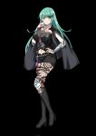  1girl aqua_eyes aqua_hair armor bangs black_background black_cape black_footwear black_shorts blush boots breasts byleth_(fire_emblem) byleth_(fire_emblem)_(female) byleth_(fire_emblem)_(female)_(cosplay) cape cleavage clothing_cutout contrapposto cosplay dagger fire_emblem fire_emblem:_three_houses full_body hand_on_hip hand_to_own_mouth high_heels highres knife long_hair looking_at_viewer navel_cutout nottme pantyhose pauldrons pneuma_(xenoblade) sheath sheathed short_shorts shorts shoulder_armor simple_background smile solo standing swept_bangs vambraces weapon xenoblade_chronicles_(series) xenoblade_chronicles_2 