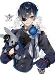  1boy androgynous bangs black_hair blue_flower blue_gloves blue_hair blue_rose character_name ciel_phantomhive cropped_torso ear_piercing eyepatch flower gloves hair_between_eyes highres holding holding_stuffed_toy kuroshitsuji long_sleeves male_focus multicolored_hair parted_lips piercing poscorn617 rose simple_background solo striped stuffed_animal stuffed_bunny stuffed_toy upper_body white_background 