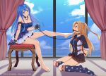  2girls american_flag_legwear arms_behind_back azur_lane ball_gag bare_legs bare_shoulders barefoot bdsm belt_collar black_gloves black_skirt blonde_hair blue_dress blue_eyes blue_hair blush bondage bound bound_arms breasts chain chin_stroking cleveland_(azur_lane) collar commentary_request crotch_rope day dress feet_up from_side full_body gag gloves gradient_hair haimei1980 hair_between_eyes helena_(azur_lane) helena_(may_i_have_this_dance?)_(azur_lane) holding holding_chain holding_leash indoors jacket kneehighs kneeling leash leg_up legs long_hair looking_at_another medium_breasts miniskirt multicolored multicolored_clothes multicolored_dress multicolored_hair multiple_girls off-shoulder_dress off_shoulder official_alternate_costume pixiv_id pleated_skirt purple_eyes purple_hair shibari shibari_over_clothes side_ponytail sitting skirt sleeves_rolled_up smile star_(symbol) star_print strapless strapless_dress thighs twitter_username two-tone_jacket very_long_hair white_dress yellow_eyes yuri 