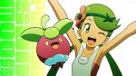  1girl ;d arms_up bangs bare_arms bounsweet collarbone commentary_request copyright_name eyelashes flower gen_7_pokemon green_hair grey_overalls hair_flower hair_ornament highres kuroki_shigewo looking_at_viewer mallow_(pokemon) one_eye_closed open_mouth overalls pokemon pokemon_(anime) pokemon_(creature) pokemon_sm_(anime) smile swept_bangs tongue twintails upper_teeth white_background 