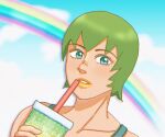  1girl blue_eyes blue_sky cloud cloudy_sky cup dated eyebrows_visible_through_hair foo_fighters green_hair holding holding_cup jojo_no_kimyou_na_bouken looking_at_viewer orange_lips parted_lips rainbow shadow short_hair sky solo stone_ocean tuna_719 
