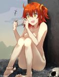  1girl barefoot breasts cellphone commentary_request completely_nude crazy_eyes fate/grand_order fate_(series) fujimaru_ritsuka_(female) medium_breasts nude one_side_up open_mouth orange_hair phone sitting skull smartphone smile solo somechime_(sometime1209) twitter_username yellow_eyes 