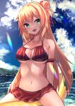  1girl absurdres akai_haato armband arms_behind_back banana_boat bangs bikini bikini_skirt blonde_hair blush breasts cleavage cloud cloudy_sky eyebrows_visible_through_hair hair_bun highres hololive inaba_teitoku large_breasts long_hair looking_at_viewer navel ocean open_mouth red_bikini sitting sky smile solo swimsuit very_long_hair virtual_youtuber water wet 