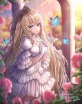  1girl bangs blonde_hair blue_eyes blurry blurry_background blurry_foreground breasts bug butterfly dress eyebrows_visible_through_hair flower frilled_legwear gloves hand_on_own_chest highres insect long_hair looking_at_viewer medium_breasts mirukurim outdoors phantasy_star phantasy_star_online_2 ponytail rose solo thighhighs white_dress white_gloves white_legwear 