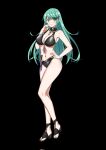 1girl alternate_costume aqua_eyes aqua_hair bikini black_background black_bikini black_footwear black_swimsuit blush breasts byleth_(fire_emblem) byleth_(fire_emblem)_(female) byleth_(fire_emblem)_(female)_(cosplay) cleavage commentary_request contrapposto cosplay dagger english_commentary fire_emblem fire_emblem:_three_houses fire_emblem_heroes full_body hand_on_hip hand_to_own_mouth highres jewelry knife long_hair looking_at_viewer navel necklace nottme pneuma_(xenoblade) sheath sheathed simple_background smile solo standing swimsuit toeless_footwear weapon xenoblade_chronicles_(series) xenoblade_chronicles_2 