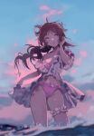  1girl ahoge animal_ears arknights ass_visible_through_thighs bangs bare_shoulders bikini blue_sky blurry bokeh breasts brown_hair cloud cloudy_sky commentary cowboy_shot depth_of_field dress eyjafjalla_(arknights) eyjafjalla_(summer_flowers)_(arknights) floating_hair flower frilled_bikini frilled_dress frills hair_flower hair_ornament hair_rings hand_in_hair hibiscus highres horns igawa_(460180189) long_hair medium_breasts midriff navel ocean off-shoulder_dress off_shoulder official_alternate_costume open_mouth outdoors parted_bangs pink_bikini pink_eyes plaid plaid_bikini sheep_ears sheep_horns sky smile solo swimsuit thigh_strap thighs wading wavy_hair wet white_dress wind 