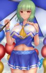  1girl alternate_costume ascot balloon bangs blue_skirt blue_tank_top blue_umbrella breasts closed_mouth cowboy_shot eyebrows_visible_through_hair green_hair hand_on_own_chest highres holding holding_umbrella kazami_yuuka large_breasts looking_at_viewer midriff multicolored_umbrella navel red_eyes short_hair shounen_(hogehoge) skirt smile solo standing tank_top touhou touhou_lost_word two-tone_umbrella umbrella white_tank_top white_umbrella wrist_cuffs yellow_neckwear 